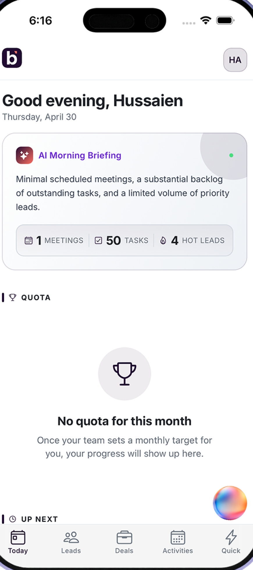 Berto mobile dashboard with AI morning briefing and monthly quota