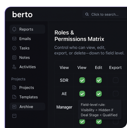 Field-level view/edit/export/delete controls by role or user group.