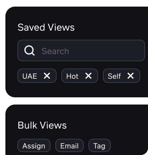 Save filters as team views—bulk actions and instant search built in.